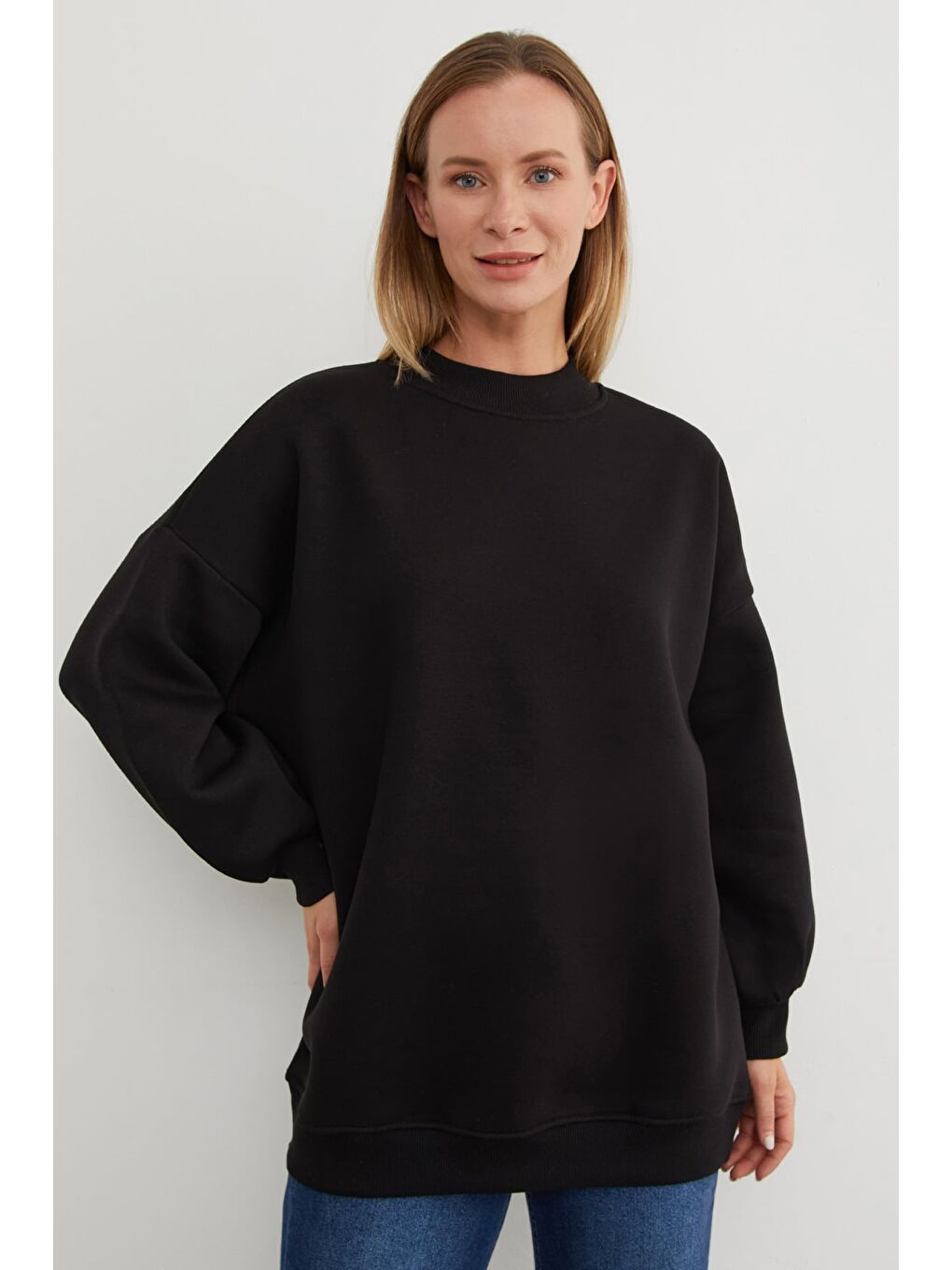 Siyah 3 İplik Basic Bisiklet Yaka Oversize Sweatshirt