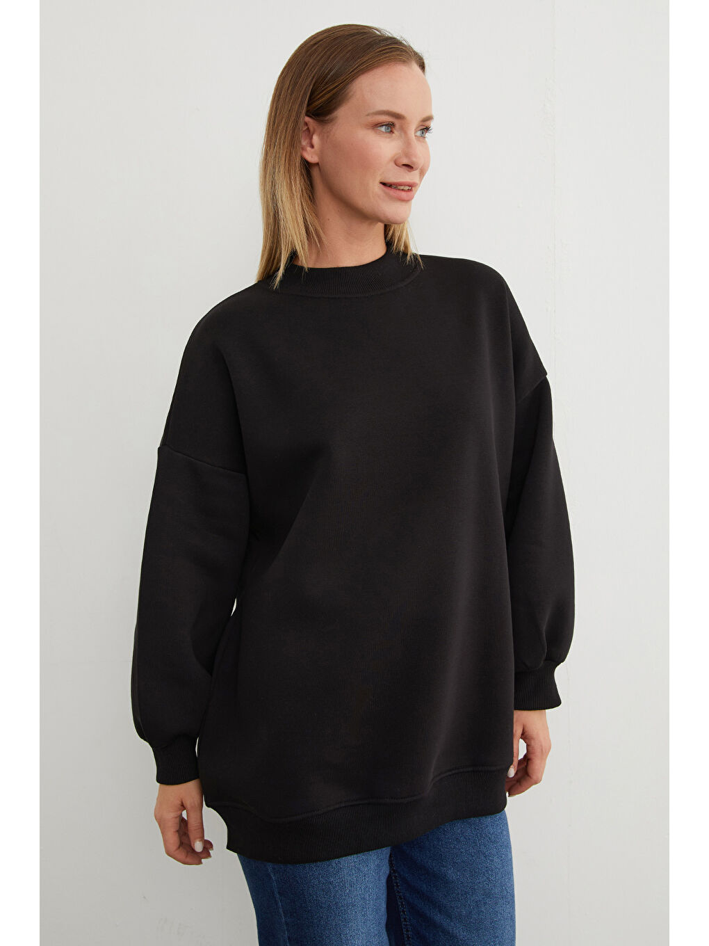 Siyah 3 İplik Basic Bisiklet Yaka Oversize Sweatshirt-1