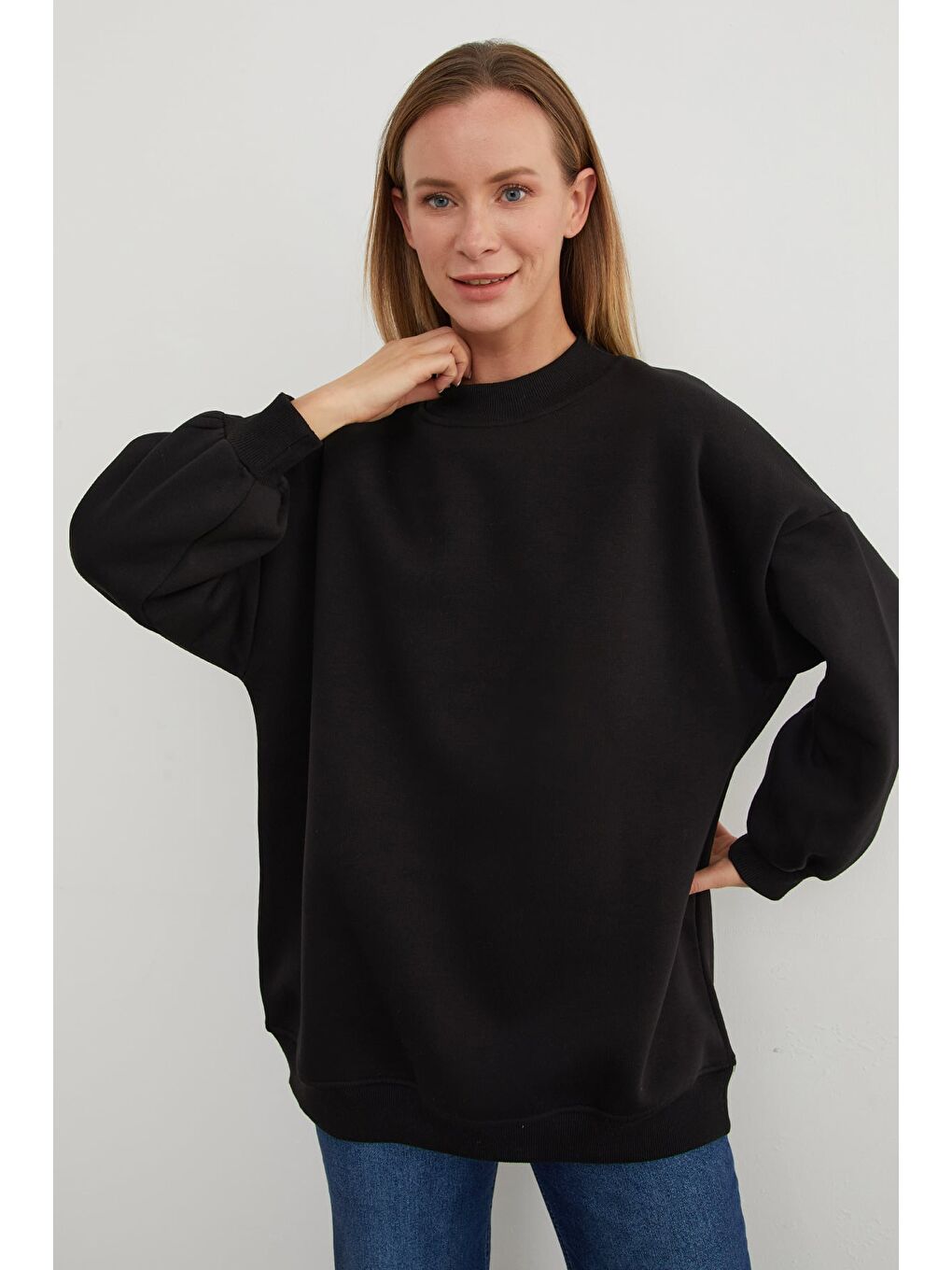 Siyah 3 İplik Basic Bisiklet Yaka Oversize Sweatshirt-2