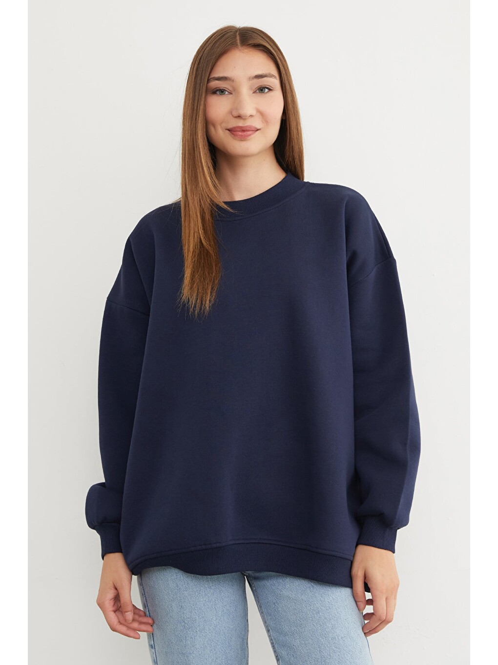 Lacivert 3 İplik Basic Oversize Sweatshirt