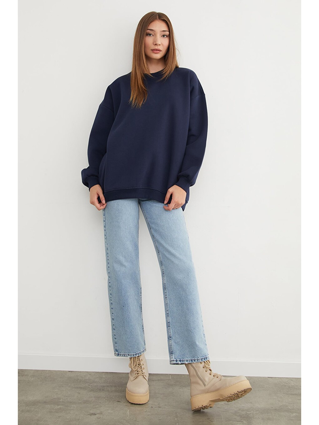 Lacivert 3 İplik Basic Oversize Sweatshirt-2