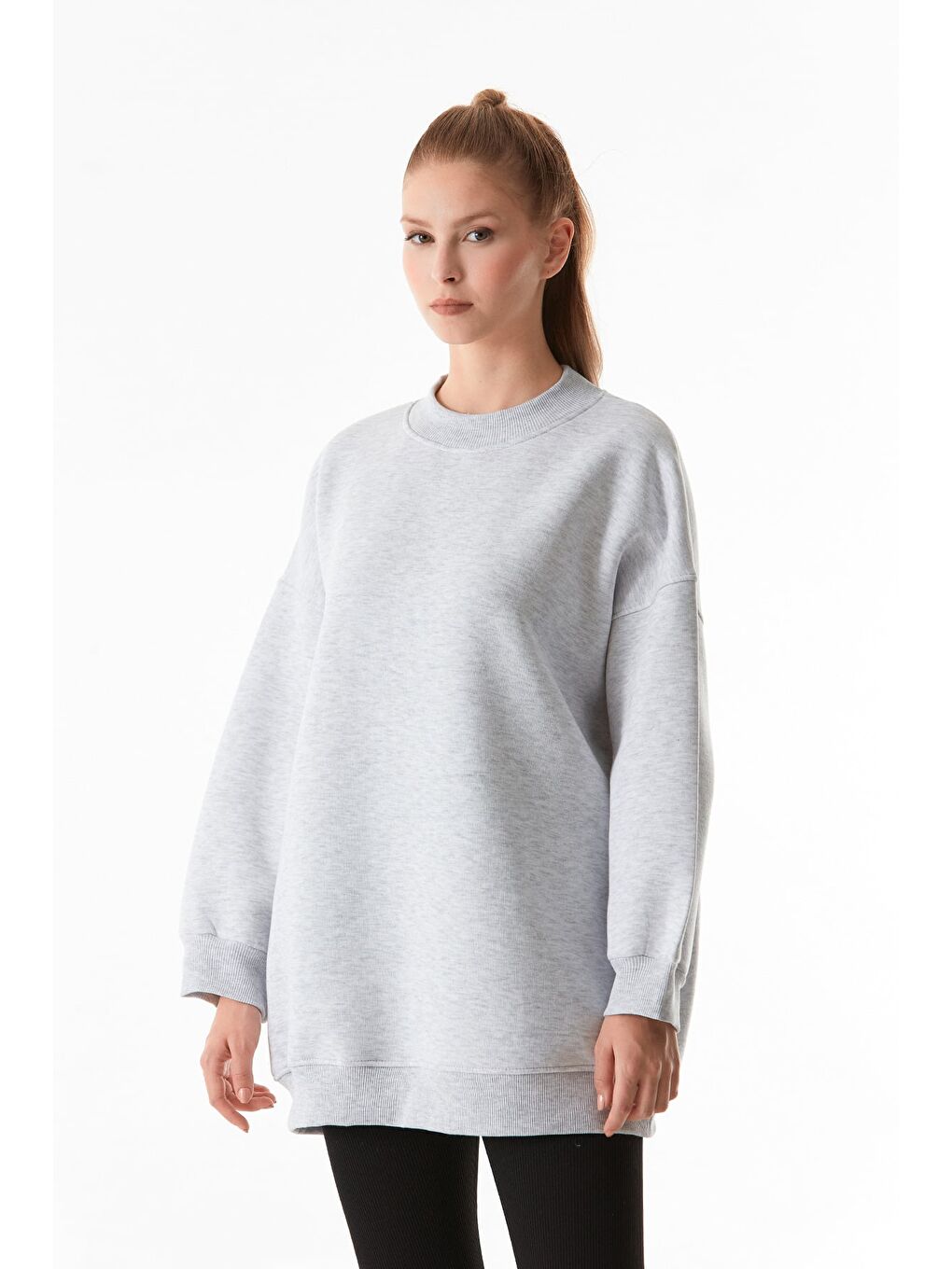 Gri 3 İplik Basic Bisiklet Yaka Oversize Sweatshirt