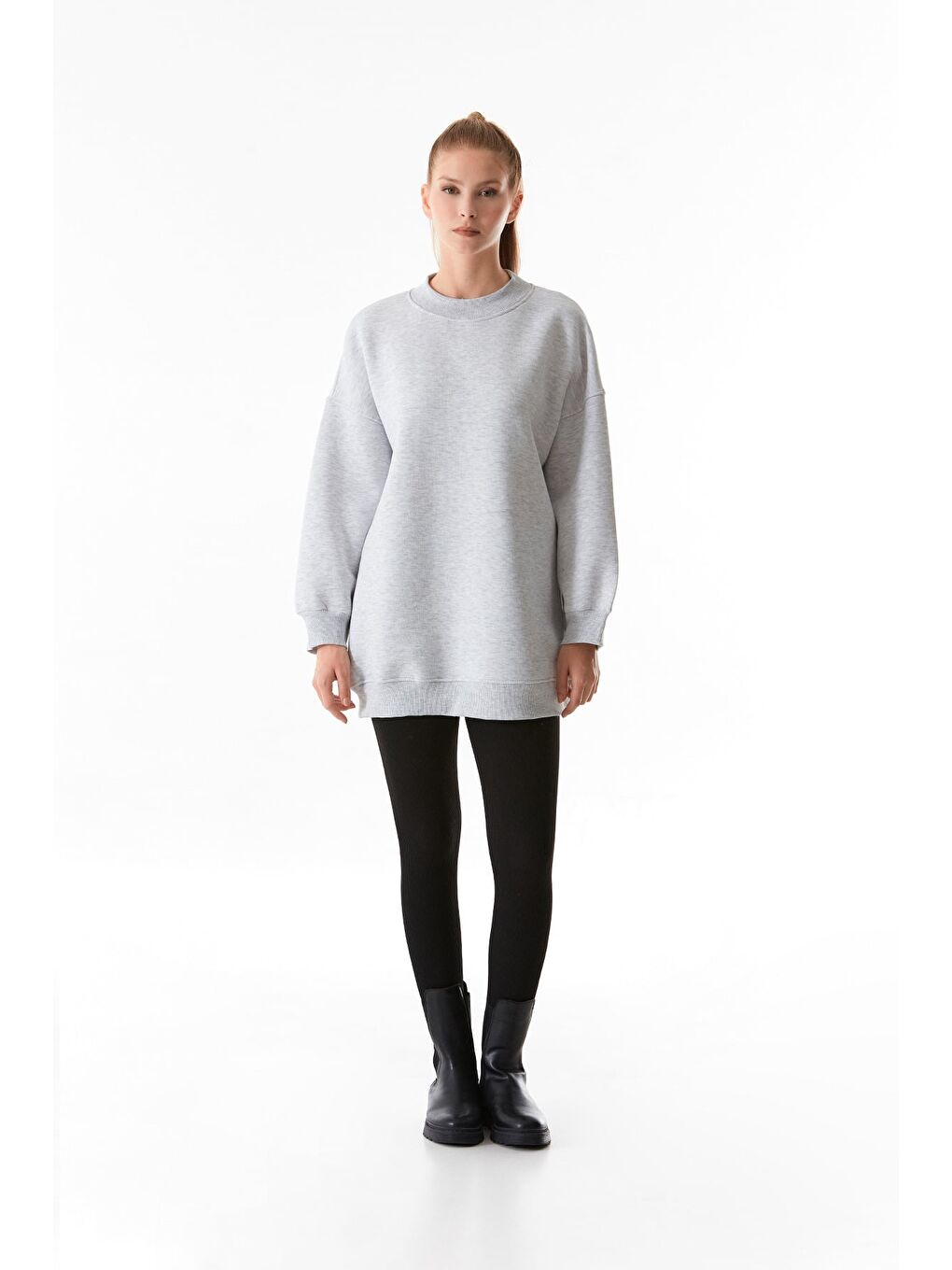 Gri 3 İplik Basic Bisiklet Yaka Oversize Sweatshirt-1