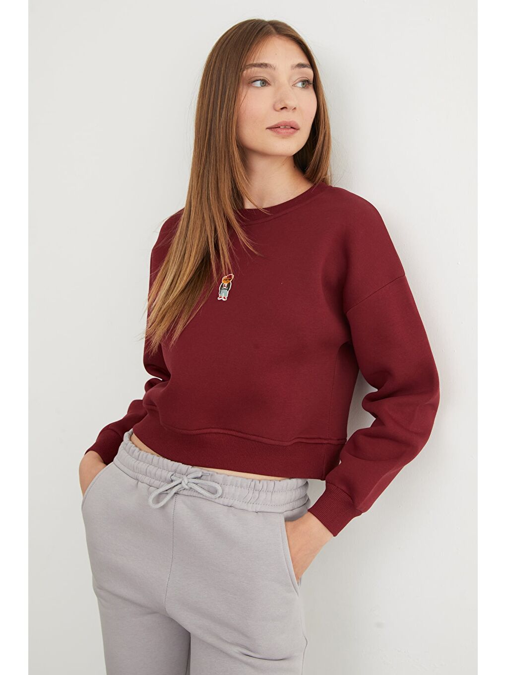 Bordo 3 İplik Ayıcık Nakışlı Bisiklet Yaka Sweatshirt-2