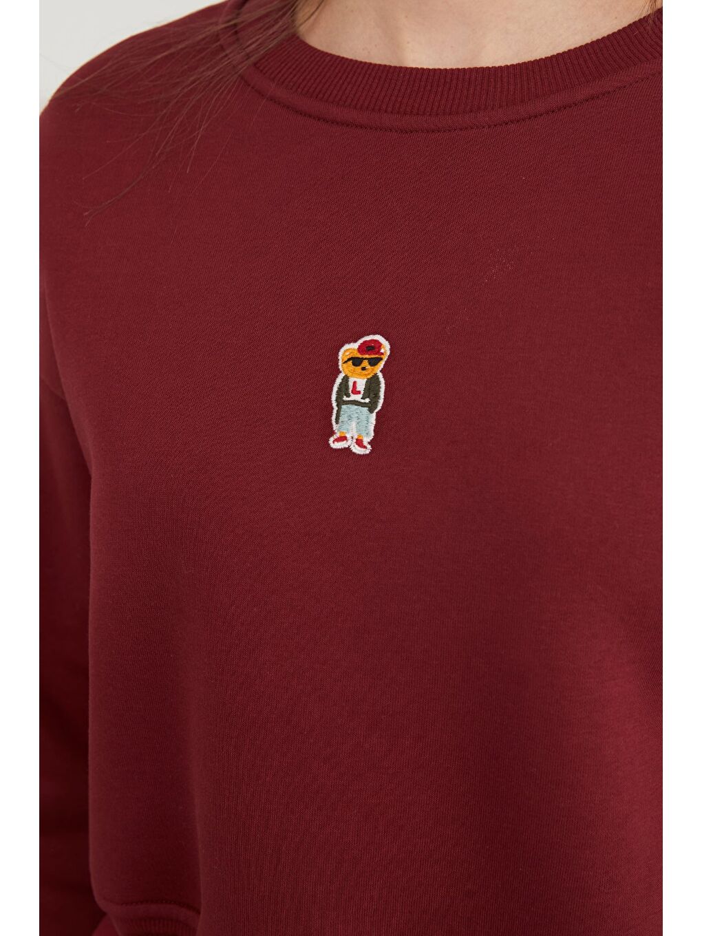 Bordo 3 İplik Ayıcık Nakışlı Bisiklet Yaka Sweatshirt-3