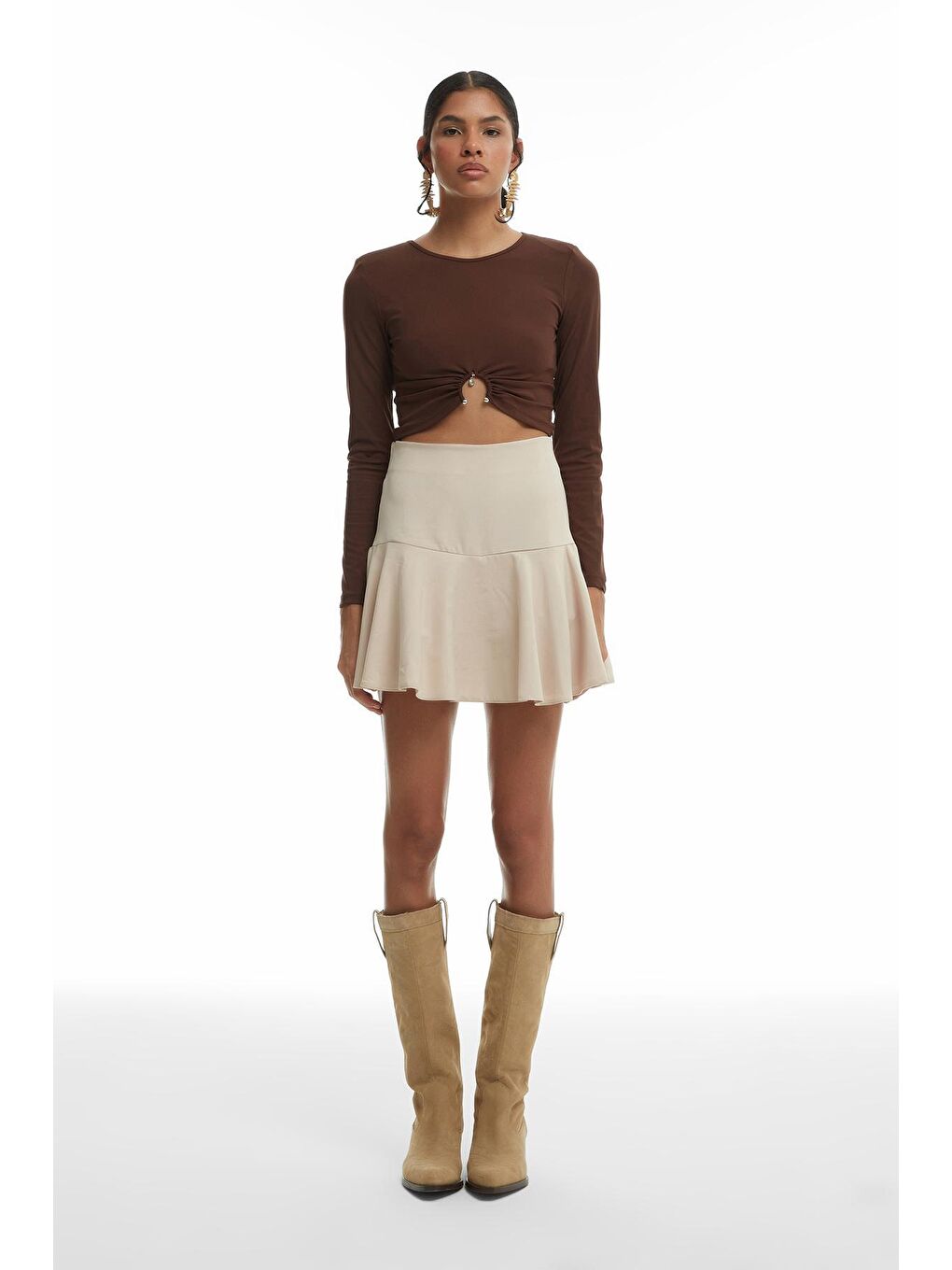 Halka Detaylı Crop Bluz Kahverengi