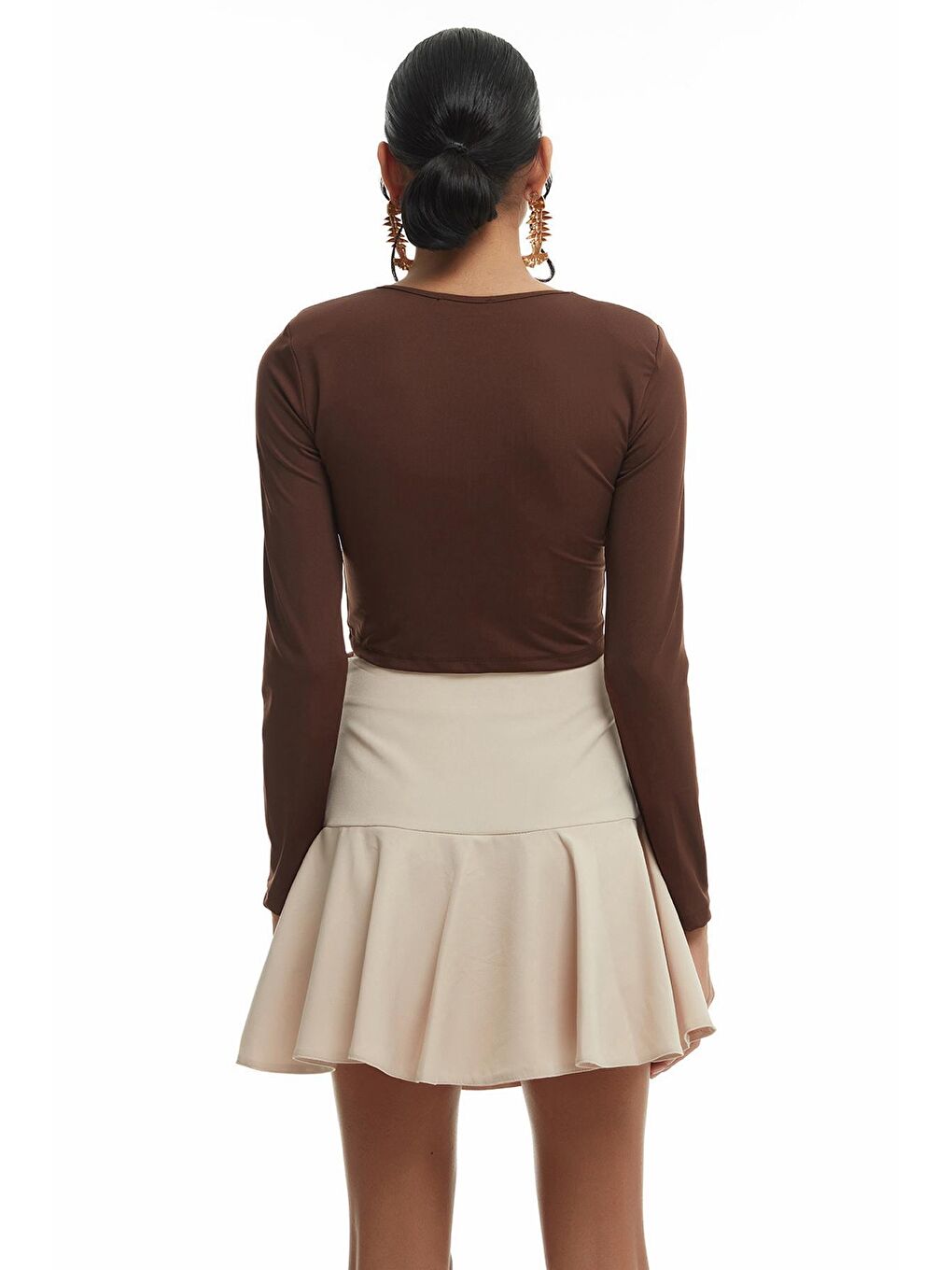 Halka Detaylı Crop Bluz Kahverengi-4