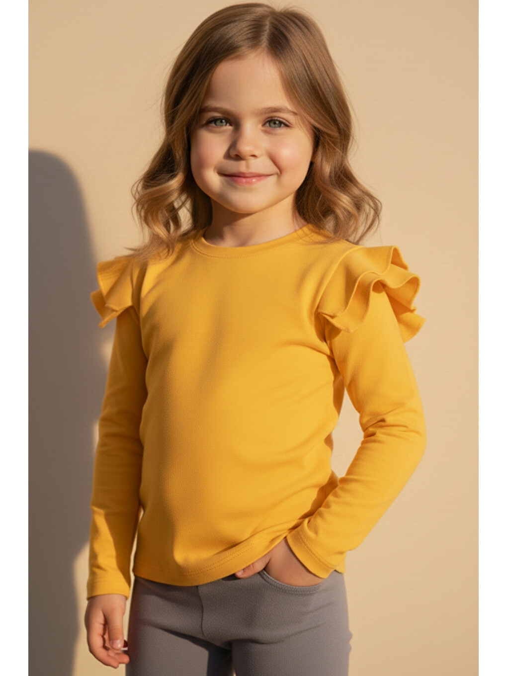 Kız Çocuk Sarı Omuz Fırfırlı Bisiklet Yaka Body Sweatshirt Gösteri Kıyafeti-1