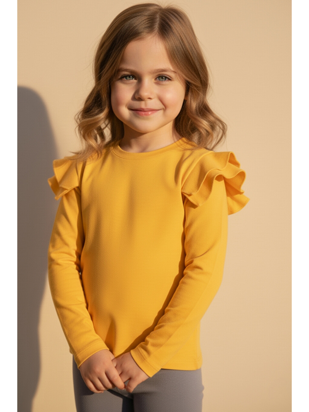 Kız Çocuk Sarı Omuz Fırfırlı Bisiklet Yaka Body Sweatshirt Gösteri Kıyafeti-2