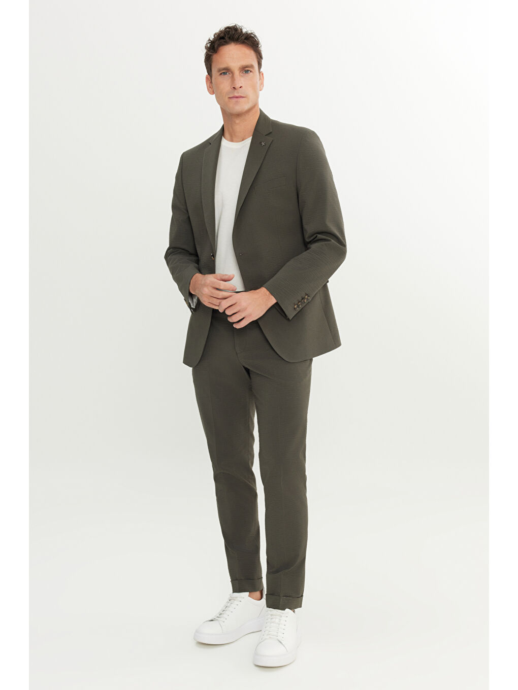 Erkek Haki Ekstra Slim Fit Dar Kesim Mono Yaka Desenli Kapak Cepli Takım Elbise-1