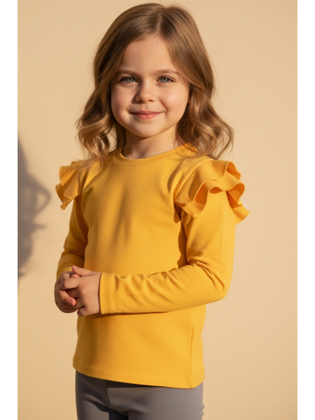 Kız Çocuk Sarı Omuz Fırfırlı Bisiklet Yaka Body Sweatshirt Gösteri Kıyafeti-4