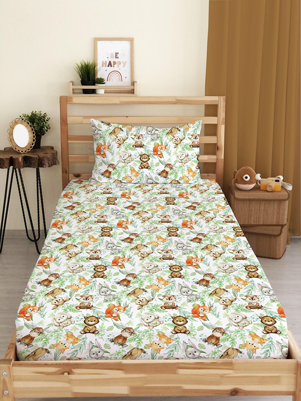 Karışık Hayvan Desen Baskılı Tek Kişilik   Lastikli Çarşaf Seti 100x200 cm Renkli