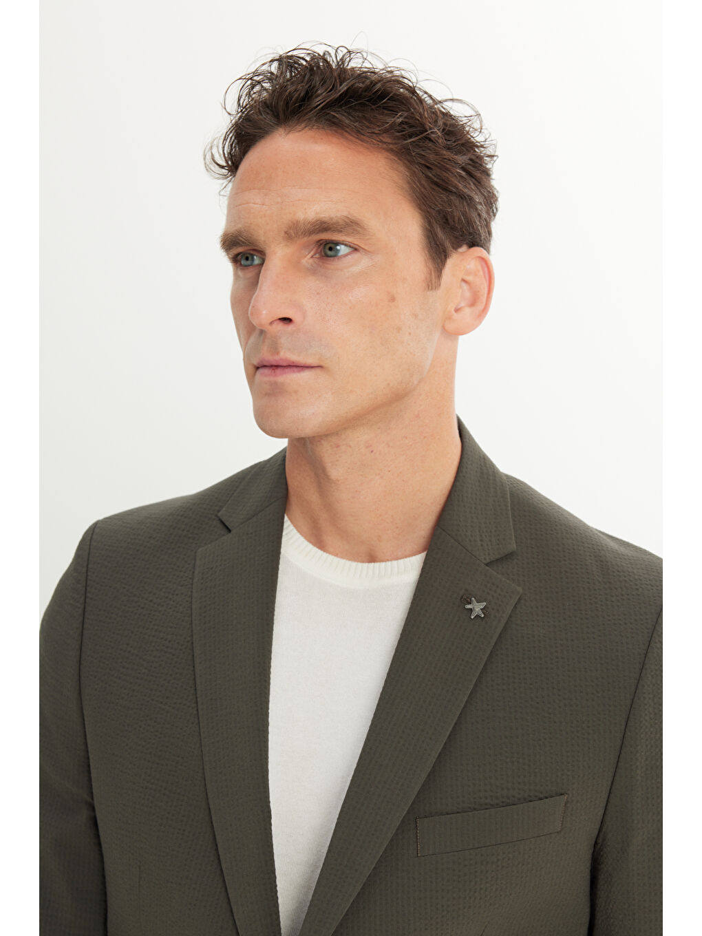 Erkek Haki Ekstra Slim Fit Dar Kesim Mono Yaka Desenli Kapak Cepli Takım Elbise-2