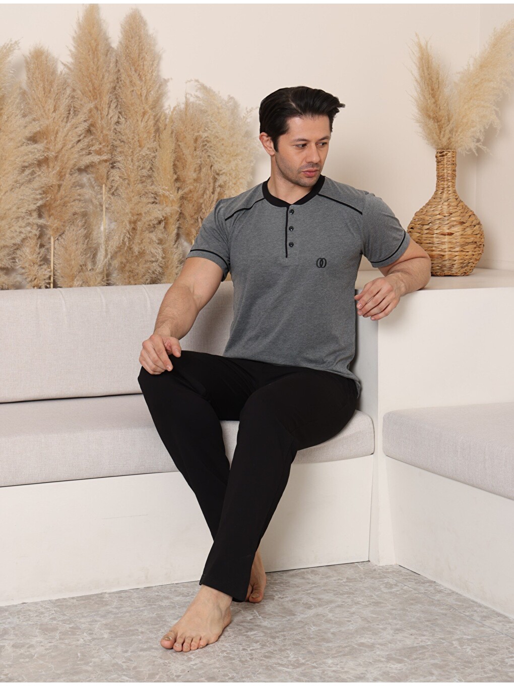 Antrasit Premıum Erkek %100 Doğal Pamuk Biyeli Yüksek Kaliteli Düğmeli Kısa Kollu Pijama Takımı-6
