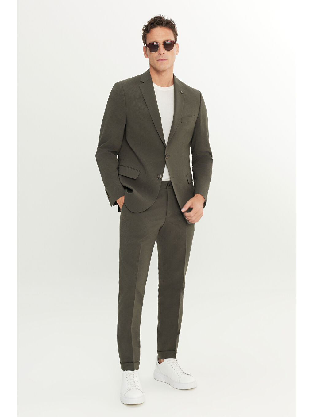 Erkek Haki Ekstra Slim Fit Dar Kesim Mono Yaka Desenli Kapak Cepli Takım Elbise-3