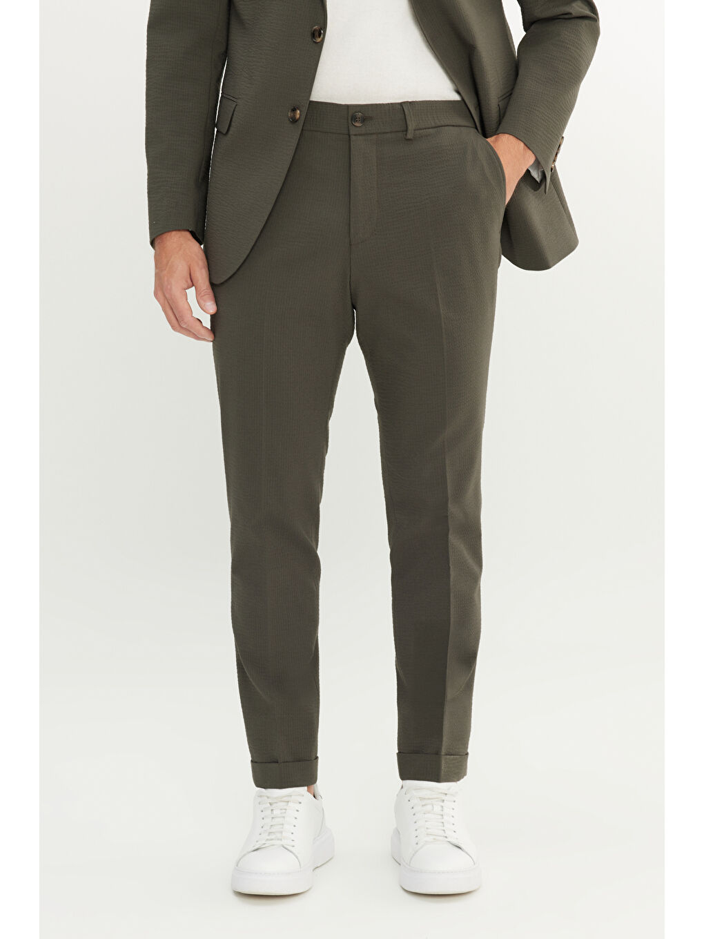 Erkek Haki Ekstra Slim Fit Dar Kesim Mono Yaka Desenli Kapak Cepli Takım Elbise-4