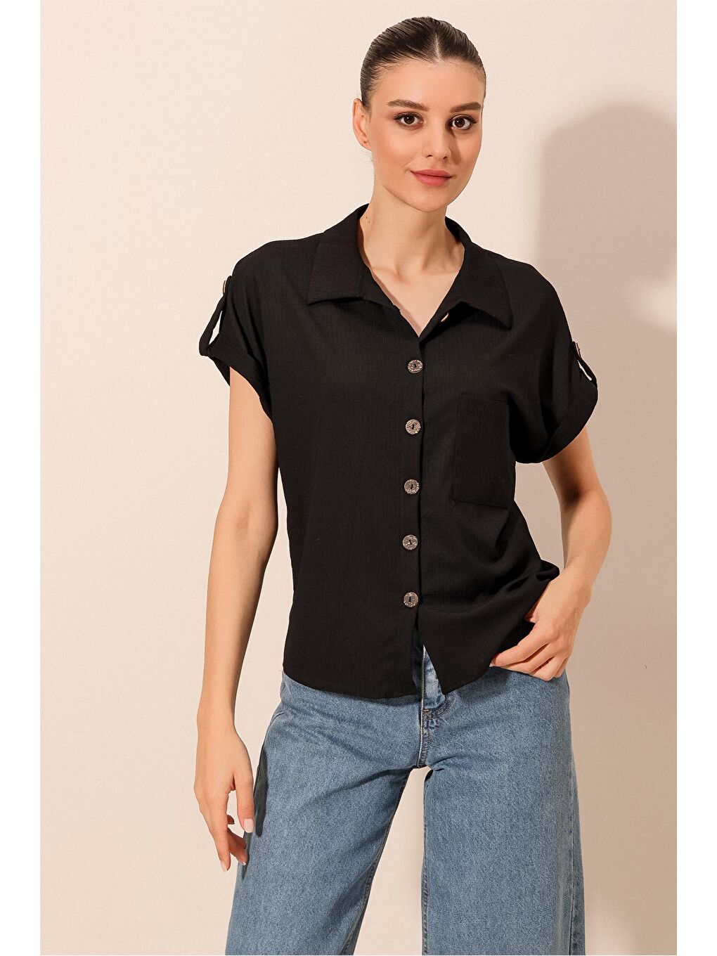20182 - Duble Kol Kadın Krinkıl Gömlek - Siyah
