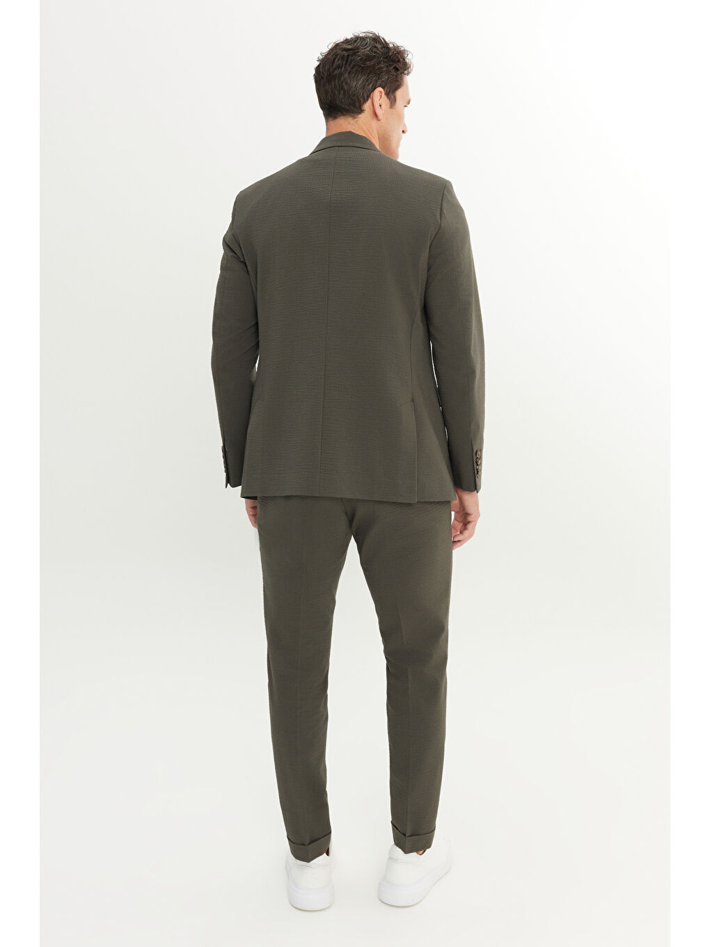 Erkek Haki Ekstra Slim Fit Dar Kesim Mono Yaka Desenli Kapak Cepli Takım Elbise-6