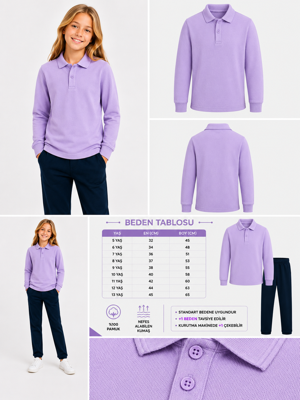 Lila Kids Polo Yaka Basic Uzun Kollu Unisex Kız Çocuk Tişört-1
