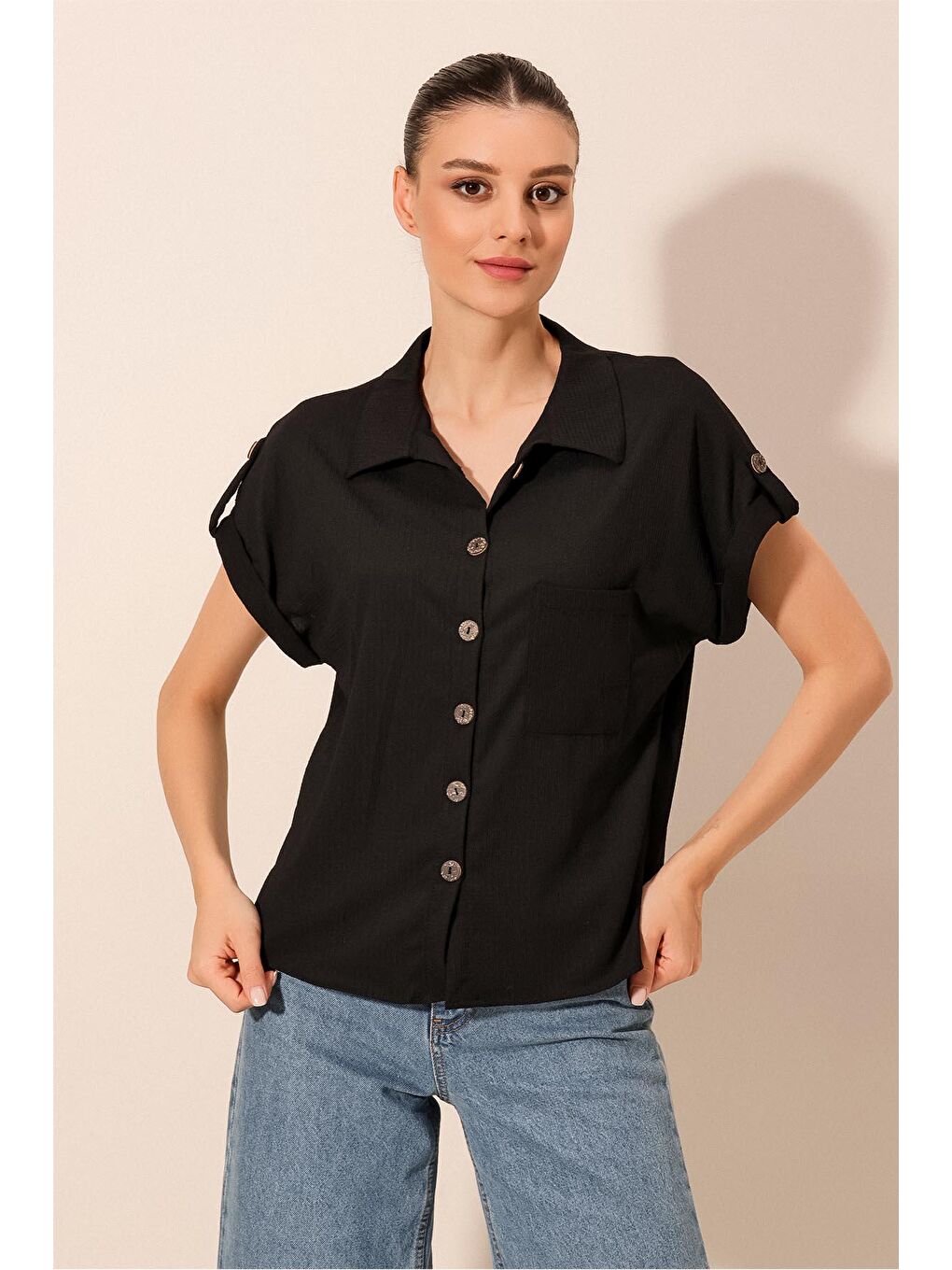 20182 - Duble Kol Kadın Krinkıl Gömlek - Siyah-3