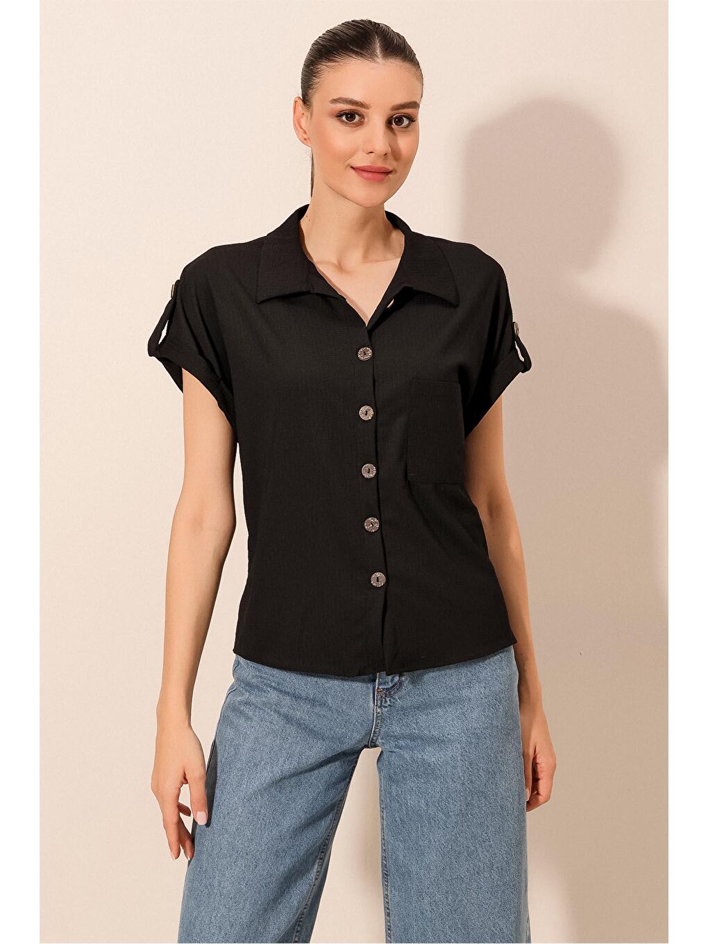 20182 - Duble Kol Kadın Krinkıl Gömlek - Siyah-4