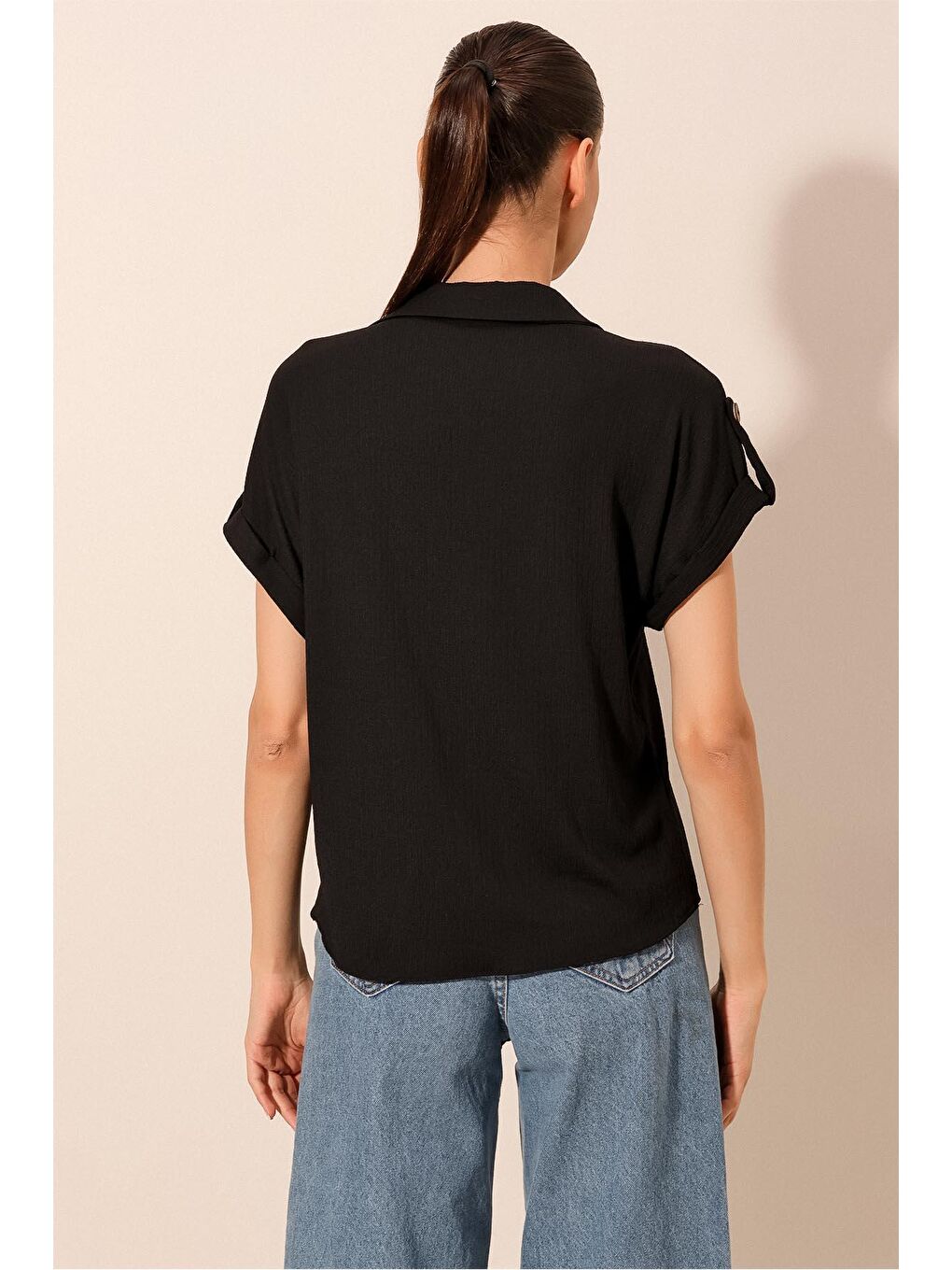 20182 - Duble Kol Kadın Krinkıl Gömlek - Siyah-5