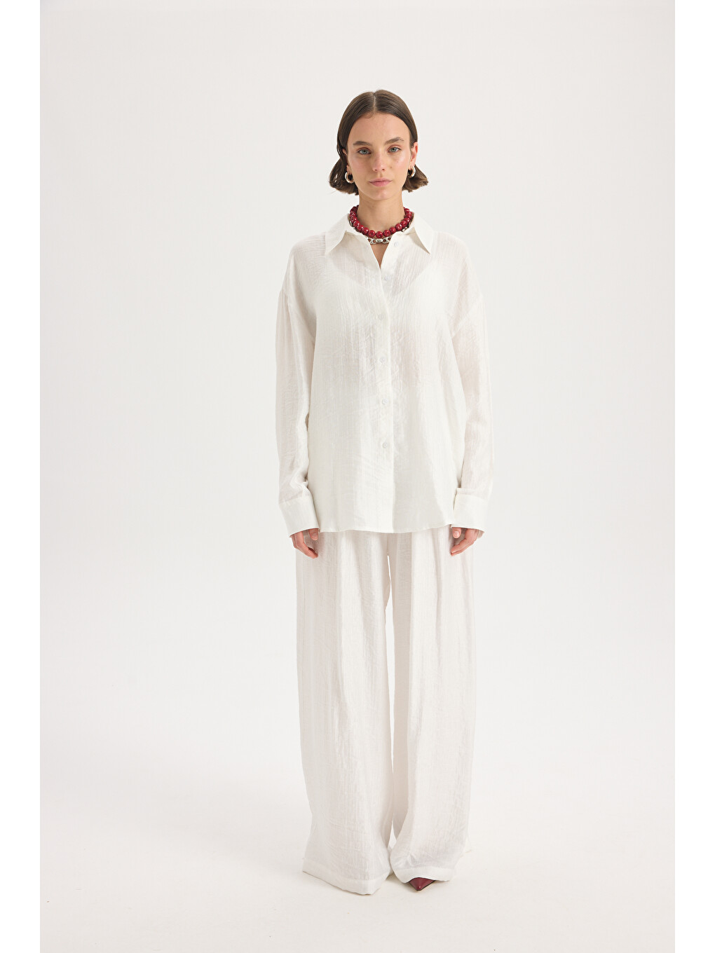 Yovena Düğme Detay Ekru Oversize Gömlek-1