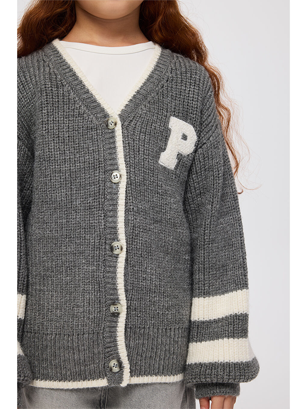 Kız Çocuk Aplike Detaylı Triko Hırka Antrasit-6