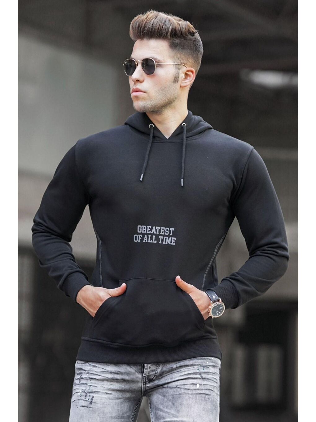 Madmext Siyah Baskılı kapüşonlu Sweatshirt 5292