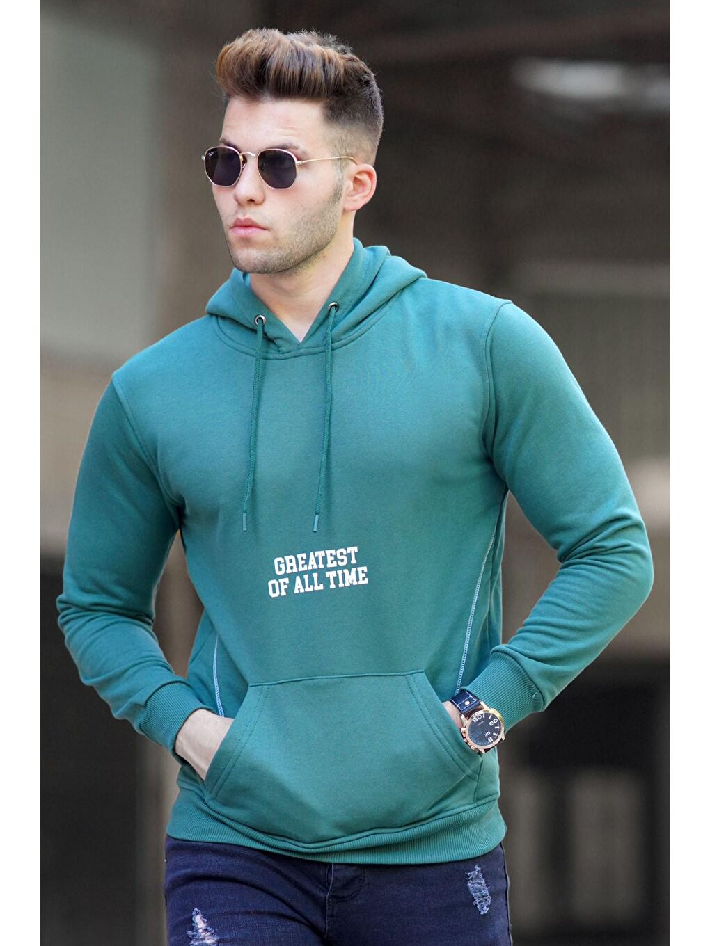 Yeşil Baskılı Kapüşonlu Erkek Hoodie 5292