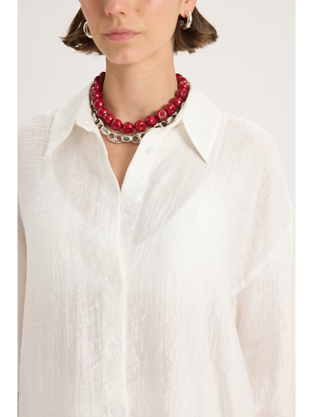 Yovena Düğme Detay Ekru Oversize Gömlek-5