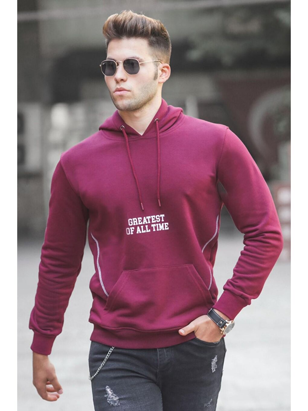 Madmext Bordo Baskılı kapüşonlu Sweatshirt 5292