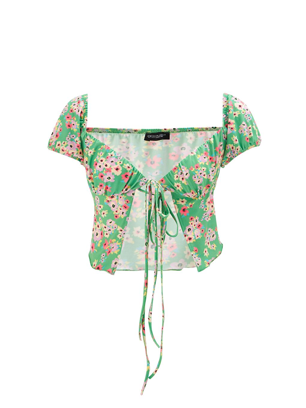 Önü Bağlamalı Çiçekli Bluz Yeşil