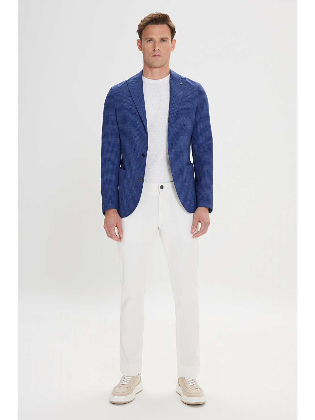 Erkek Lacivert Dar Kesim Kırlangıç Yaka Desenli Blazer Ceket-1