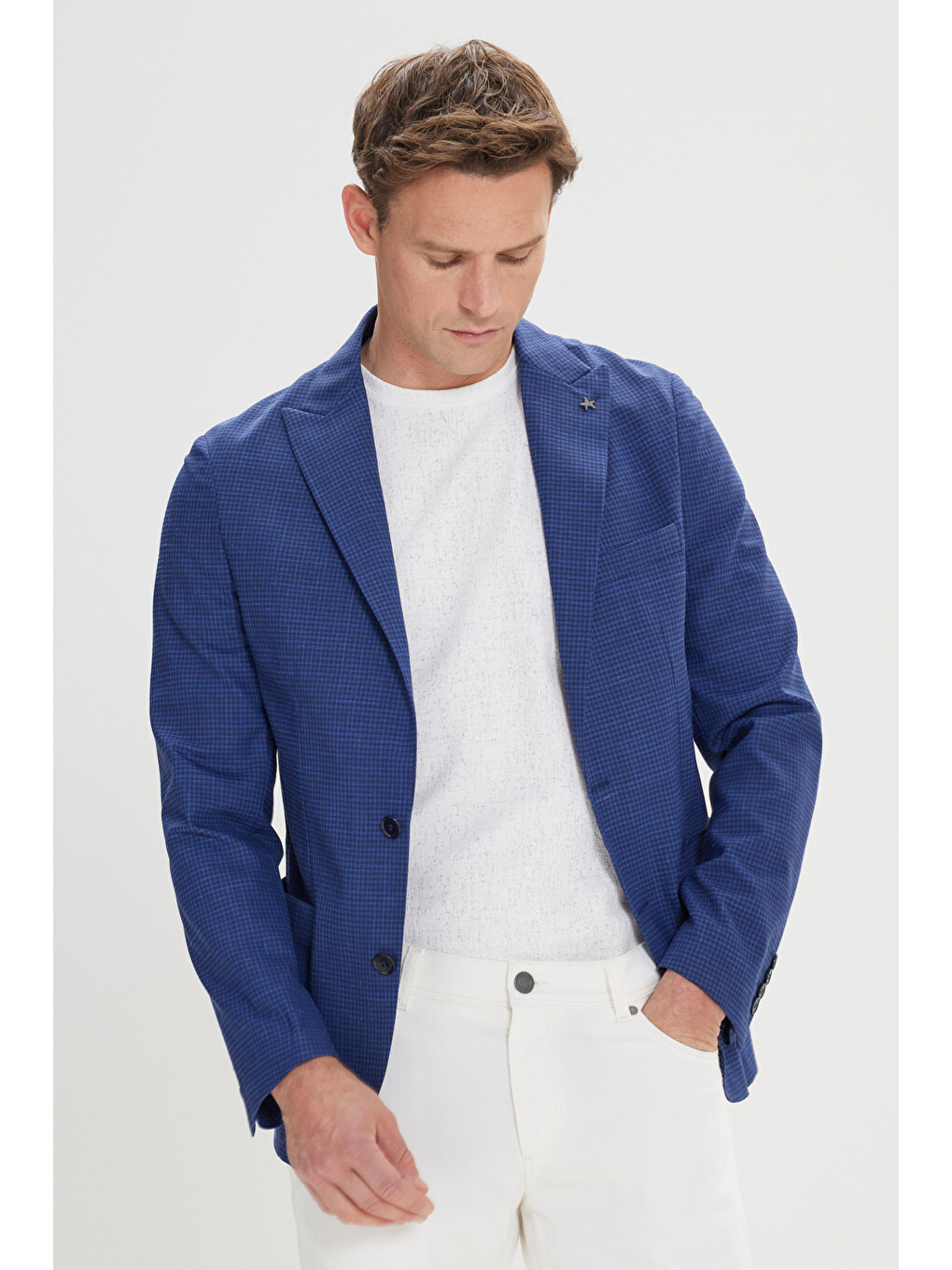 Erkek Lacivert Dar Kesim Kırlangıç Yaka Desenli Blazer Ceket-2