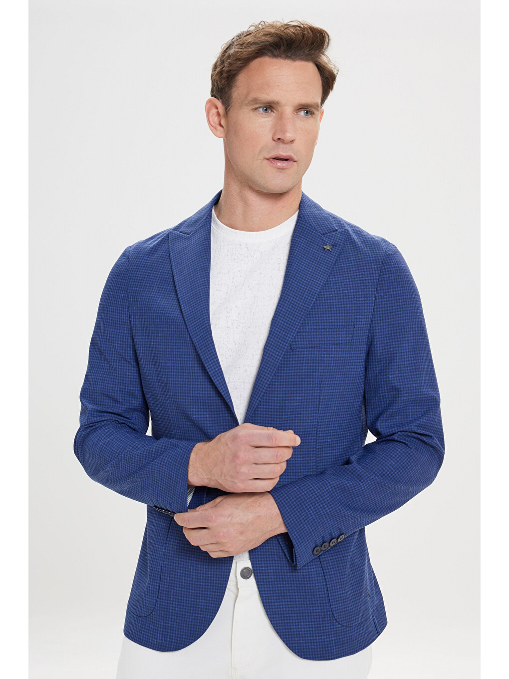 Erkek Lacivert Dar Kesim Kırlangıç Yaka Desenli Blazer Ceket-3