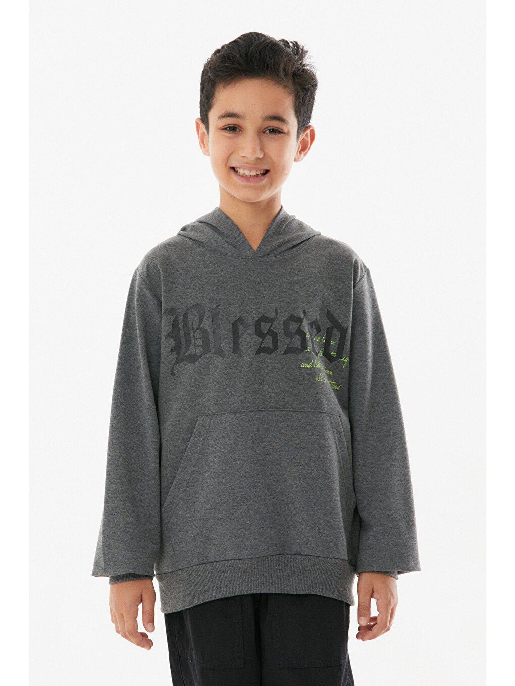 Antrasit Yazı Baskılı Kanguru Cepli Kapüşonlu Unisex Çocuk Sweatshirt