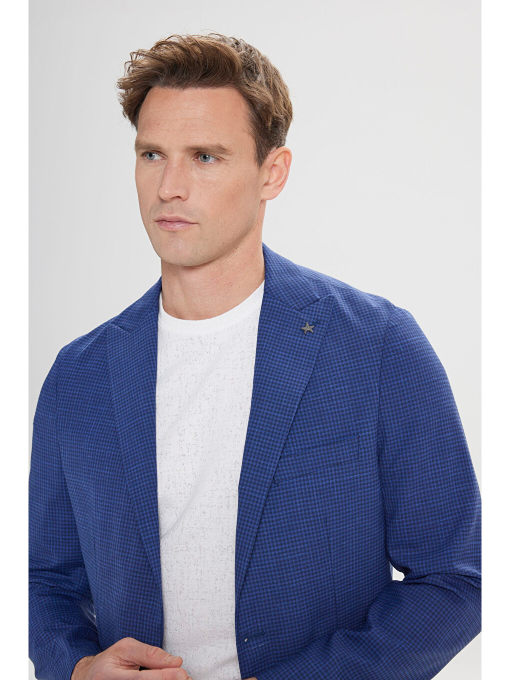 Erkek Lacivert Dar Kesim Kırlangıç Yaka Desenli Blazer Ceket-4