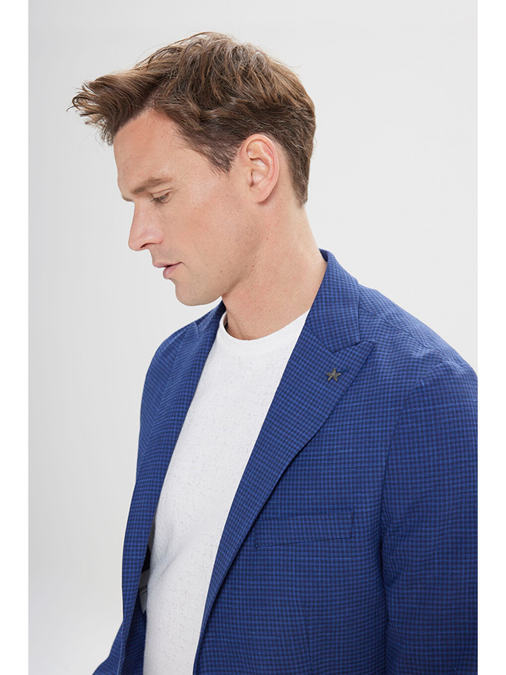 Erkek Lacivert Dar Kesim Kırlangıç Yaka Desenli Blazer Ceket-5