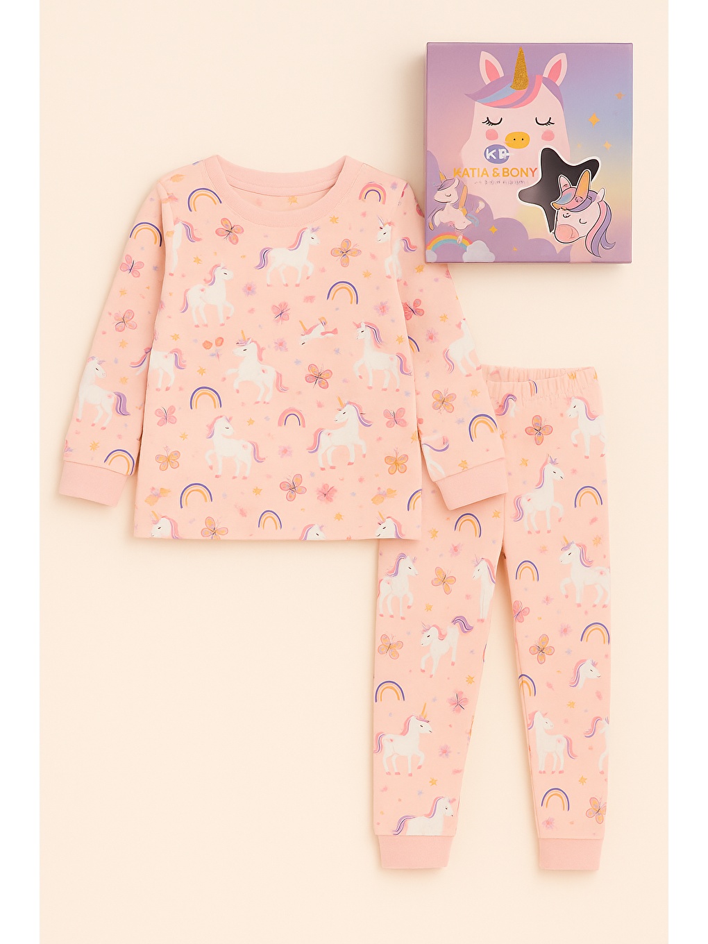 Pembe Kız Çocuk Desenli Kutulu Pijama Takımı