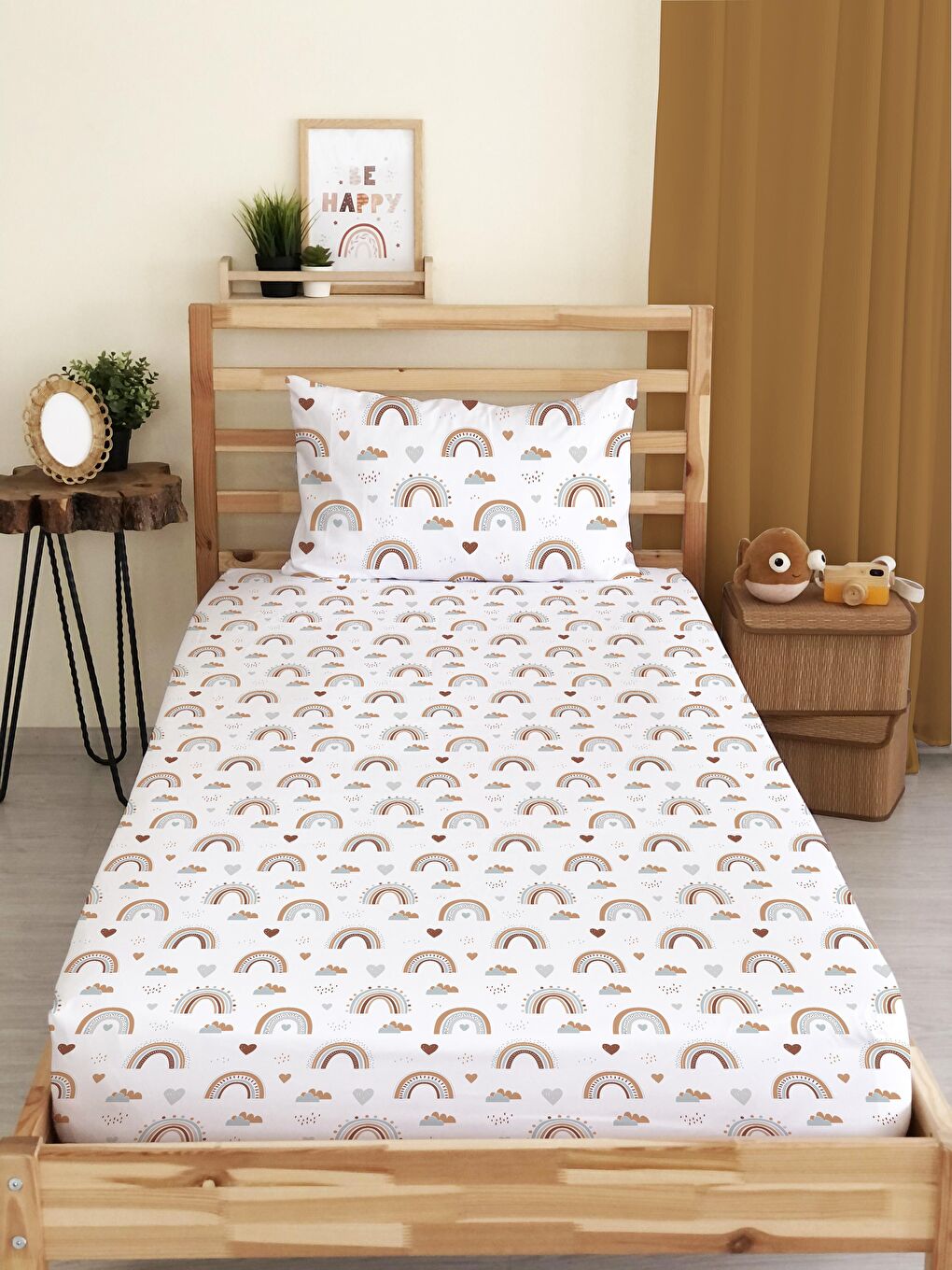 Karışık Desen Baskılı Tek Kişilik   Lastikli Çarşaf Seti 100x200 cm Beyaz