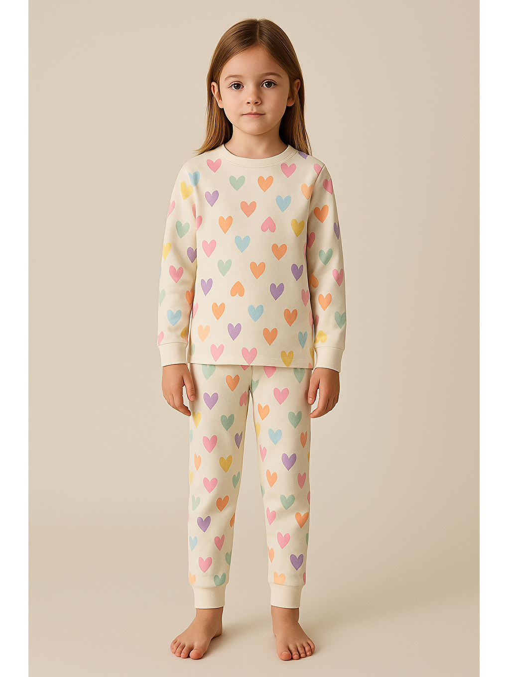 Karışık Kız Çocuk Renkli Kalpli Pijama Takımı