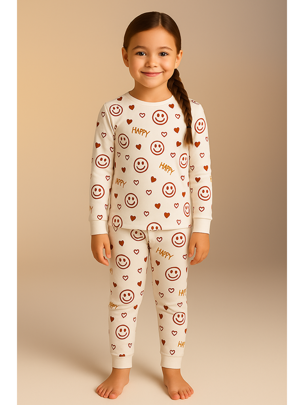 Kız Çocuk Gülen Yüz Desenli Kutulu Pijama Takımı Ekru-1