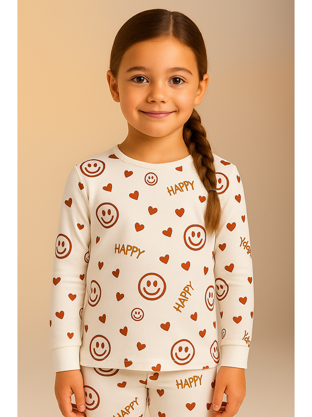 Kız Çocuk Gülen Yüz Desenli Kutulu Pijama Takımı Ekru-2