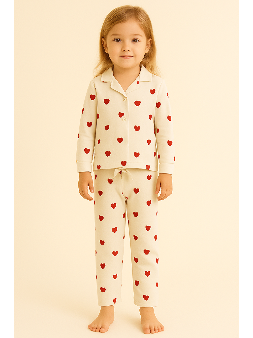 Kız Çocuk Kalpli Pijama Takımı Ekru