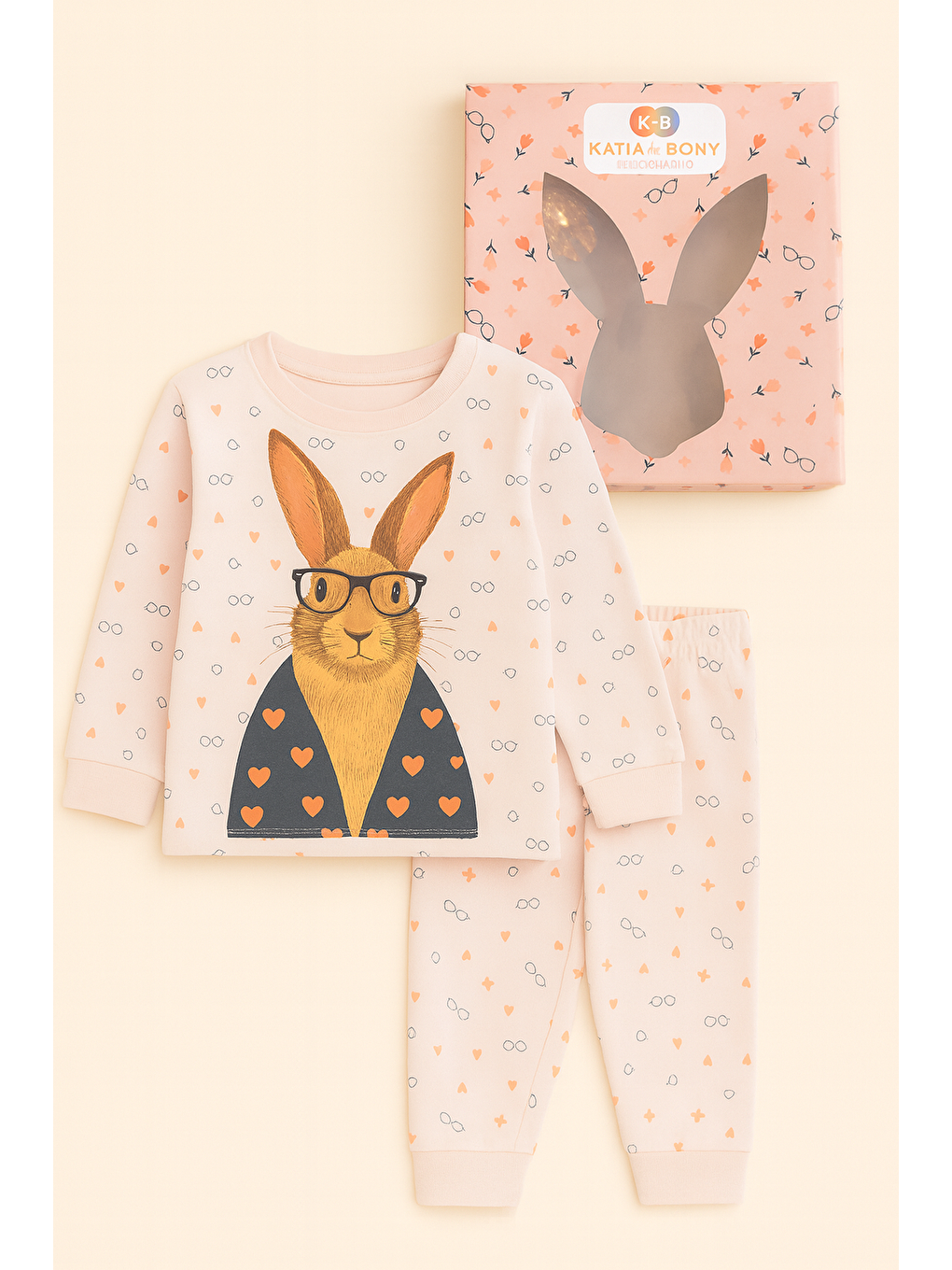 Pembe Kız Çocuk Tavşan Desenli Kutulu Pijama Takımı