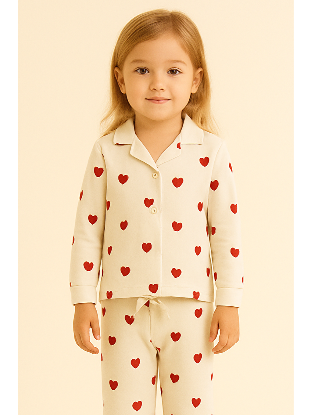 Kız Çocuk Kalpli Pijama Takımı Ekru-1
