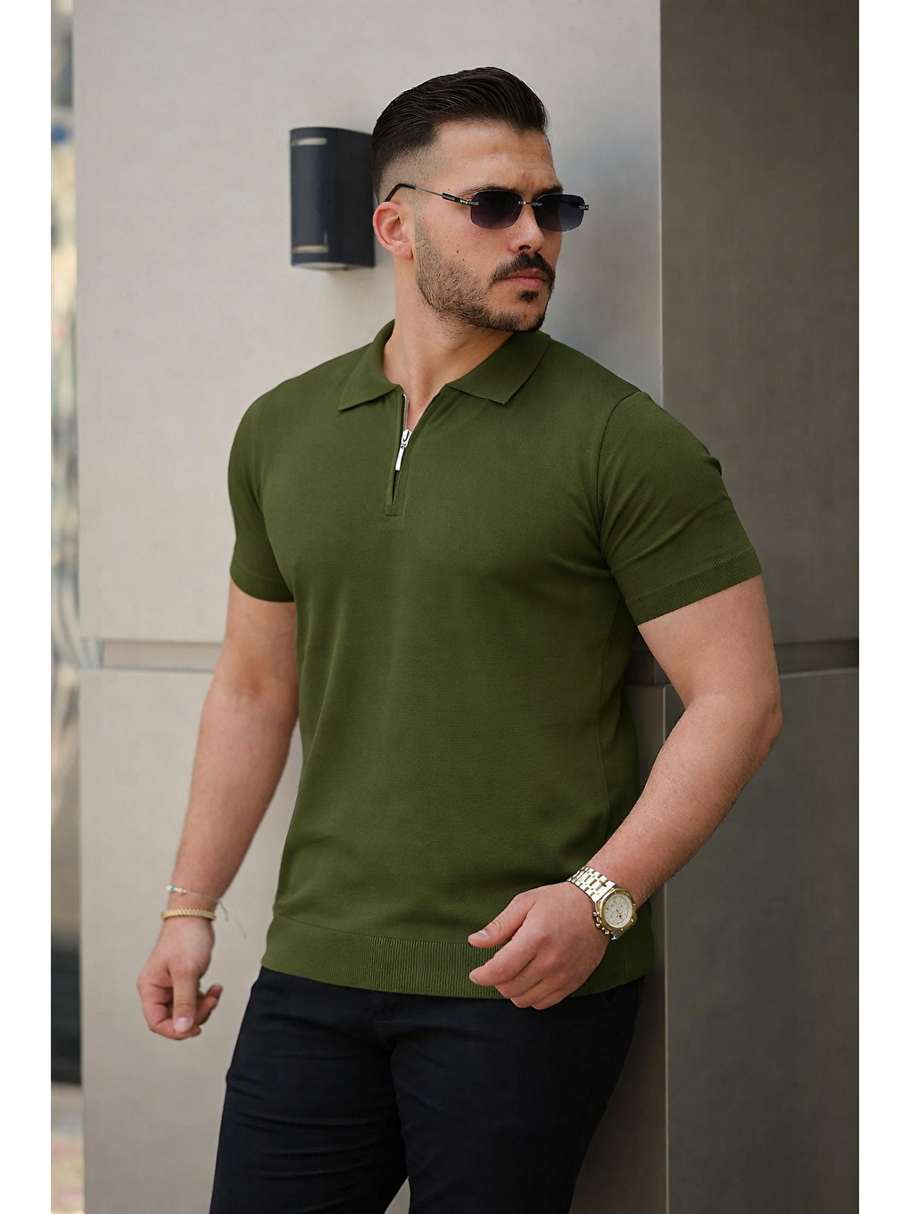 Haki Erkek Fermuarlı Polo Yaka Slim Fit Triko Tişört-4