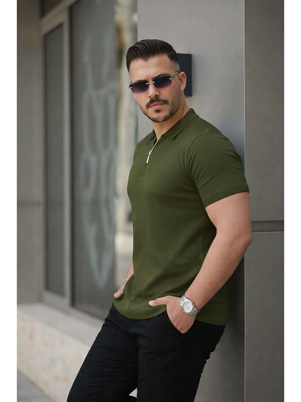 Haki Erkek Fermuarlı Polo Yaka Slim Fit Triko Tişört-1