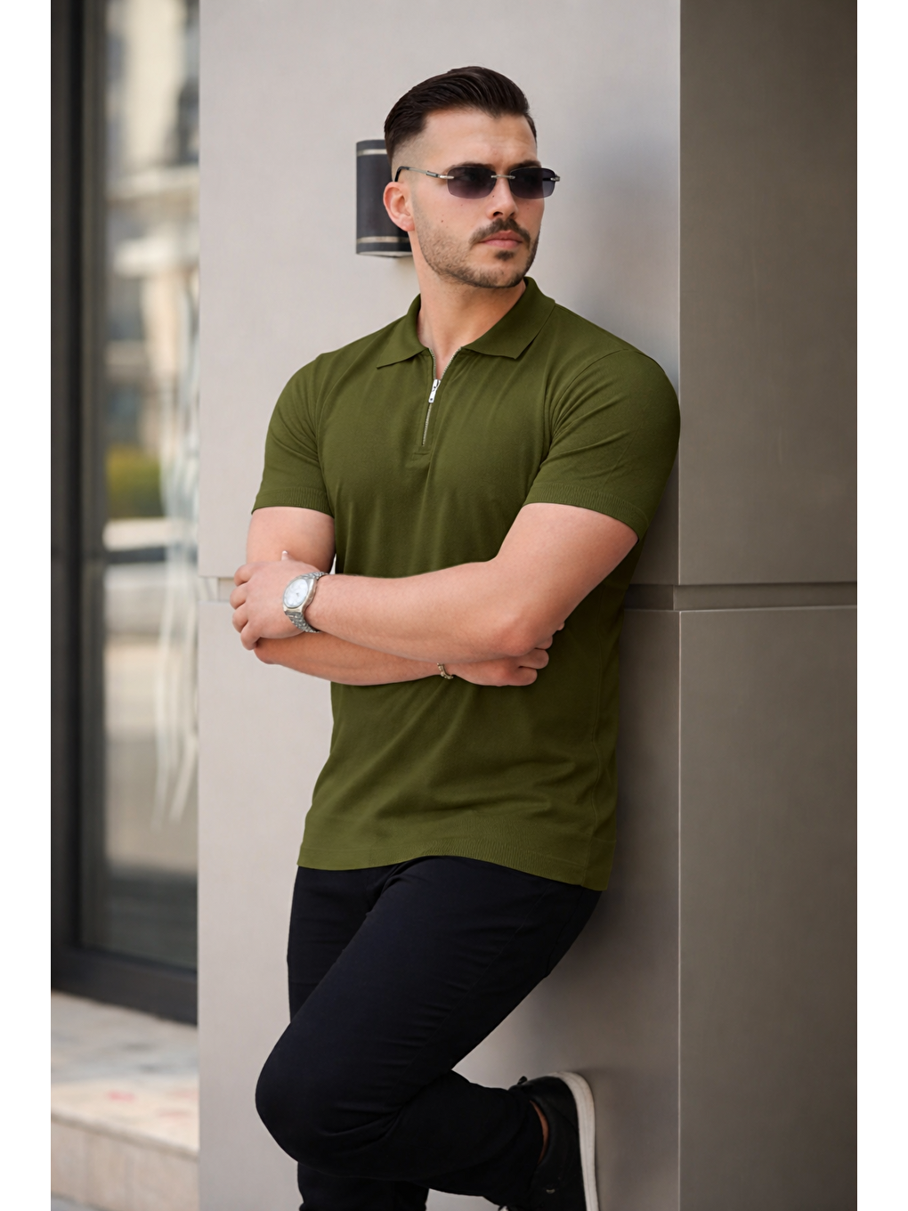 Haki Erkek Fermuarlı Polo Yaka Slim Fit Triko Tişört-2